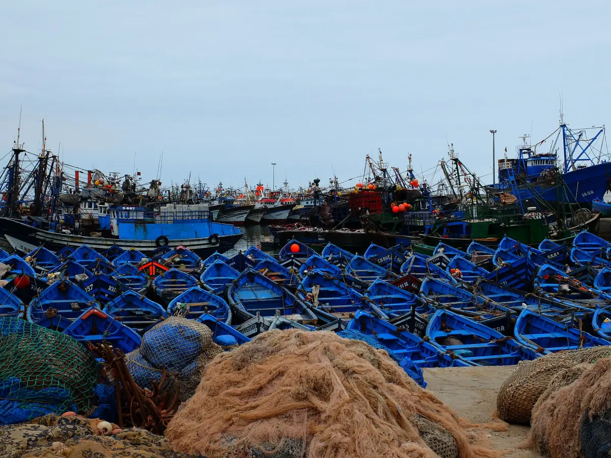 Blue fishing boats in Essaouira