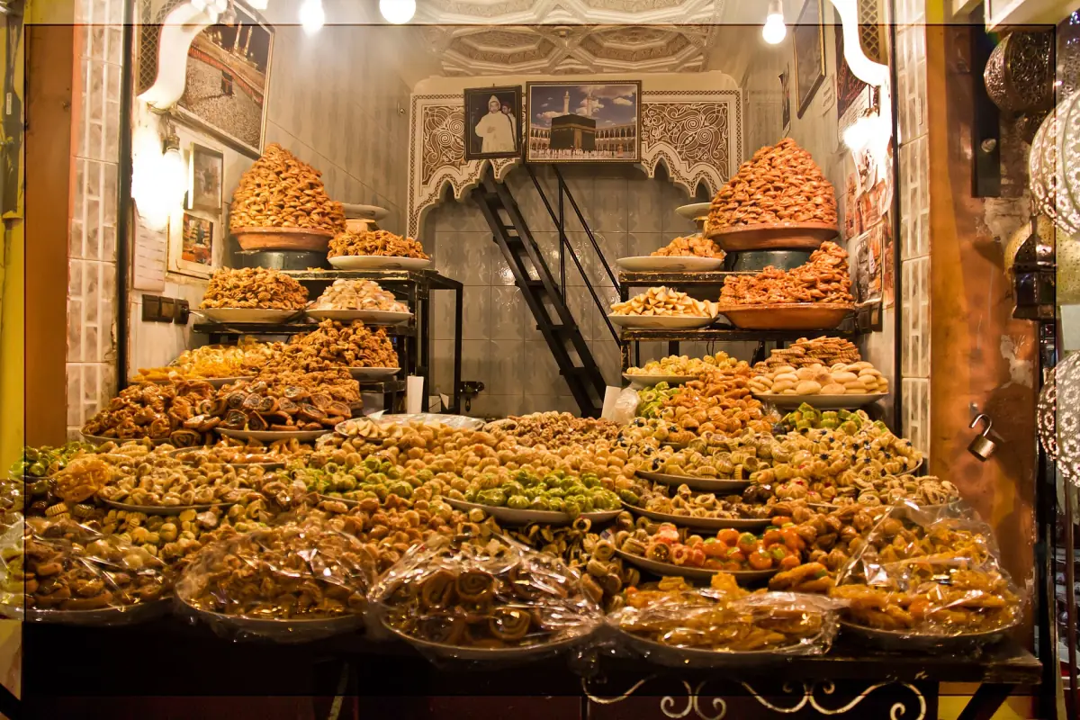 Moroccan sweets piled up at a stall