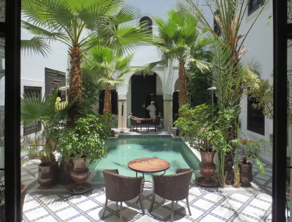 Riad courtyard with palms and a plunge pool